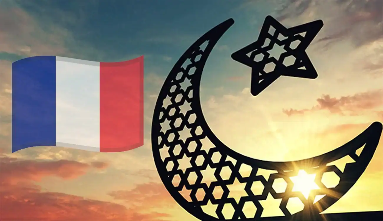 Ramadan 2026 : Découvrez la controverse en France Drapeau français avec symbole islamique au coucher du soleil.