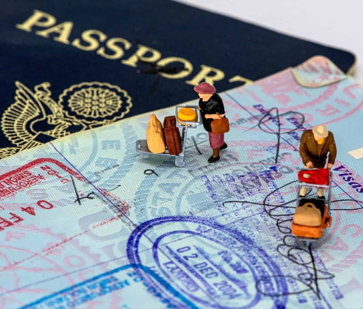 Miniatures de voyageurs avec passeport et valises sur carte.