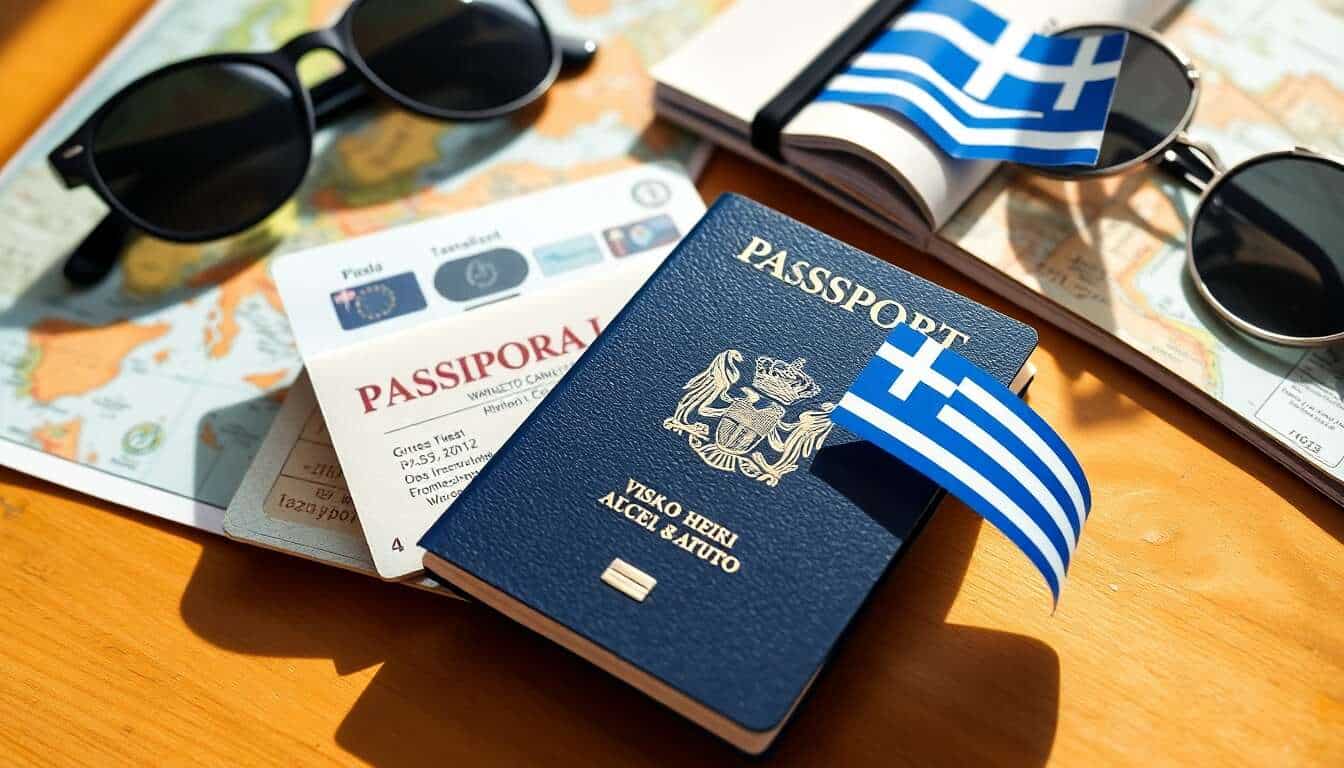 Travail en Grèce : découvrez les 3 nouvelles catégories de visa ! Passeport grec, visa, et accessoires de voyage sur une table en bois.
