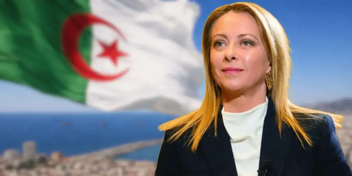 2025 : Algérie et Italie, des échanges à 13 milliards d’euros ! Femme avec drapeau algérien en arrière-plan, regardant vers l'horizon.