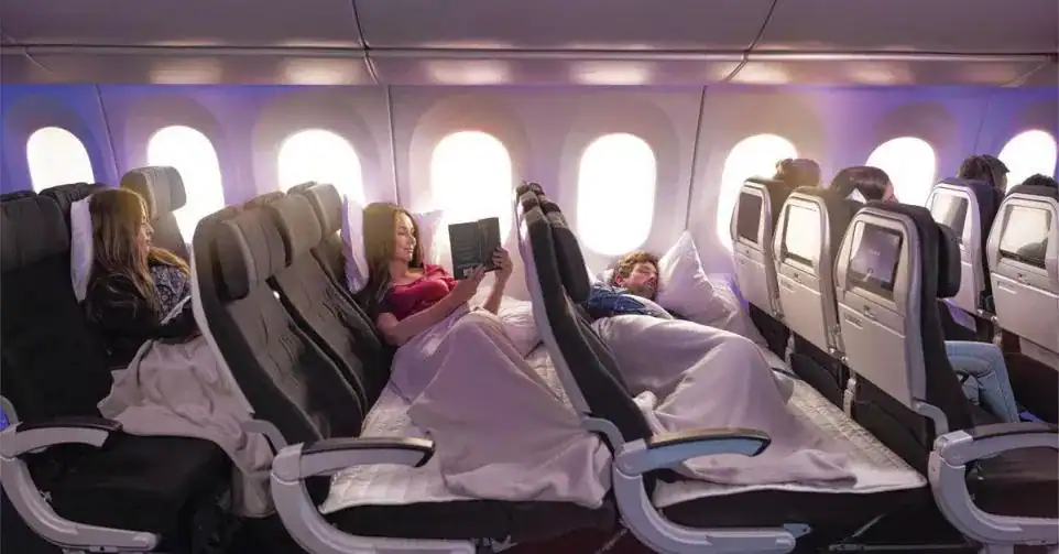 Passagers confortablement installés en classe économique avec écrans individuels.