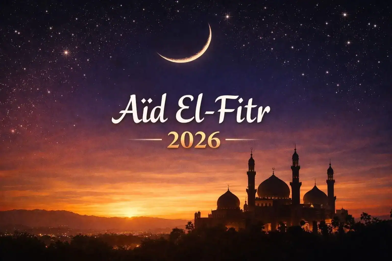 Découvrez la date de l’Aïd-el-Fitr 2026 en Algérie Coucher de soleil avec lune et mosquée pour l'Aïd-el-Fitr 2026.