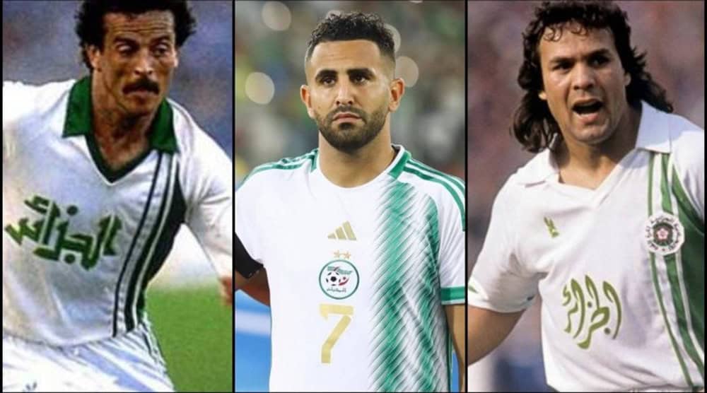 Mahrez, Madjer et Belloumi, icônes du football algérien.