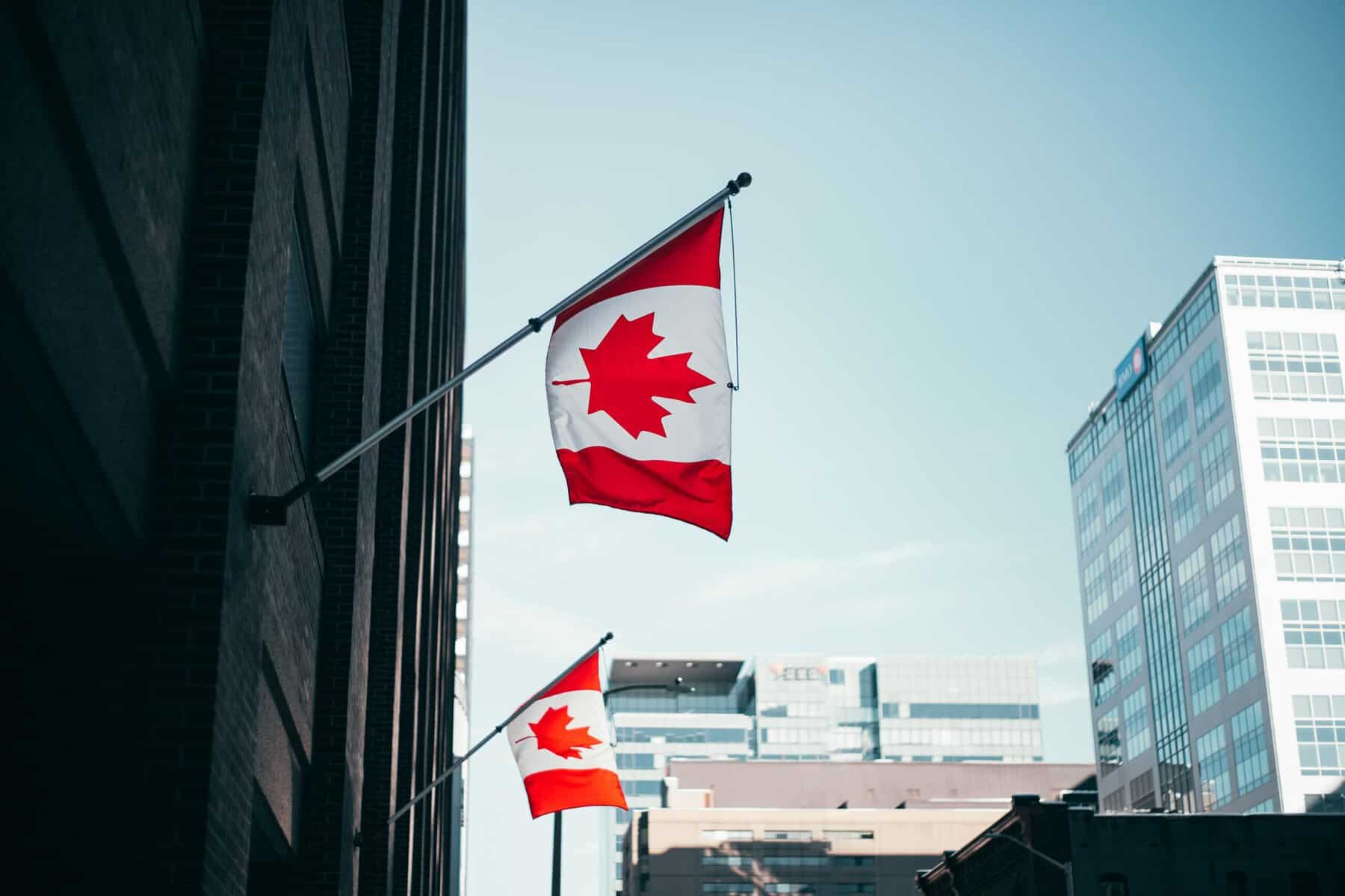 Bonne nouvelle pour les travailleurs : le Canada allège ses règles Drapeaux du Canada flottant dans une ville moderne avec gratte-ciel.