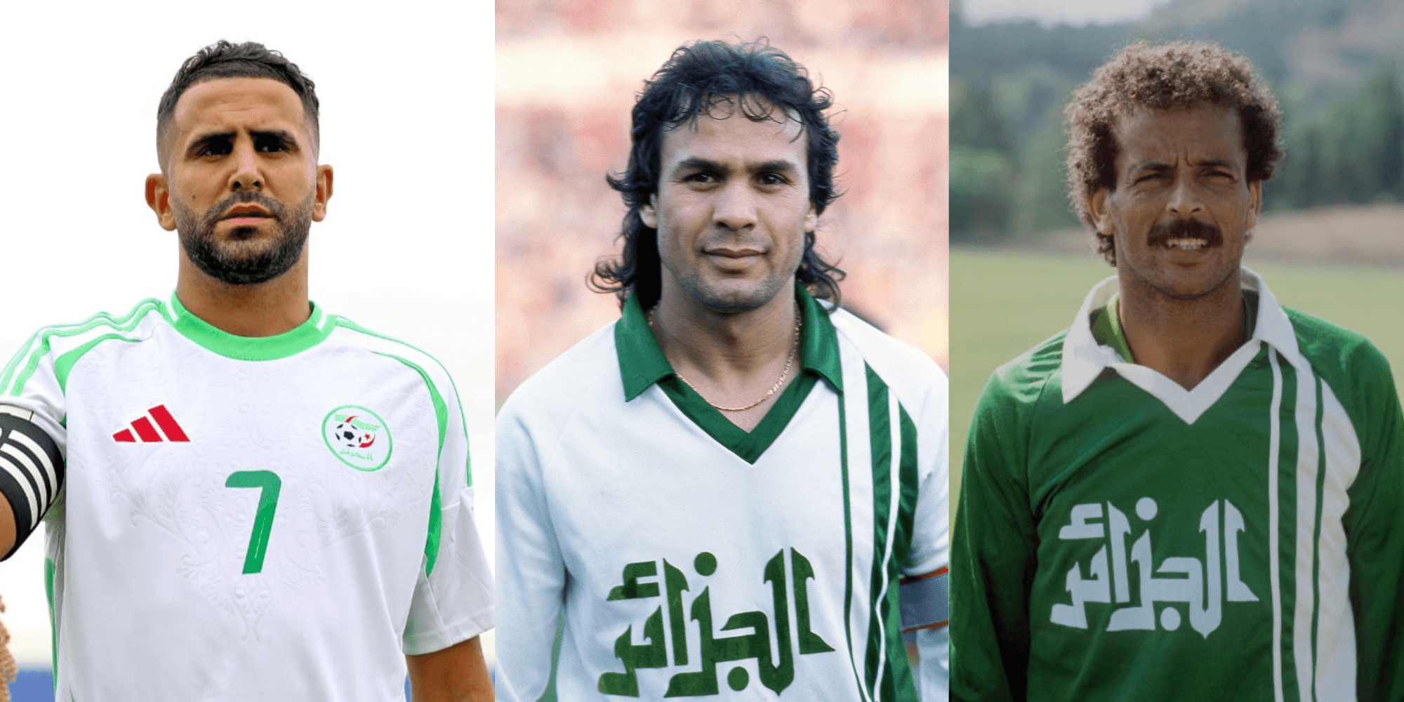 Trois icônes du football algérien dans leurs maillots historiques.
