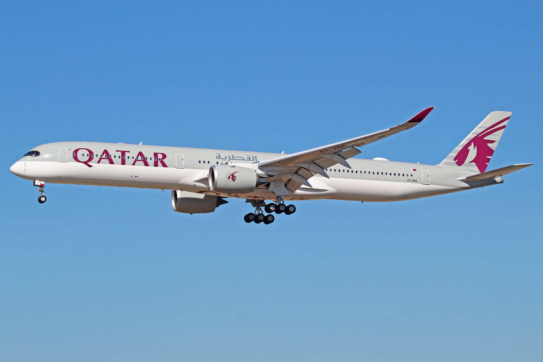 Qatar Airways nouvel avion vers l'Algérie Avion Qatar Airways en vol avec logo visible contre ciel bleu clair.