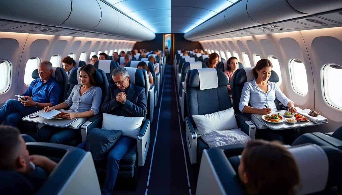 Passagers en classe économique profitant du confort à bord d'un avion moderne.