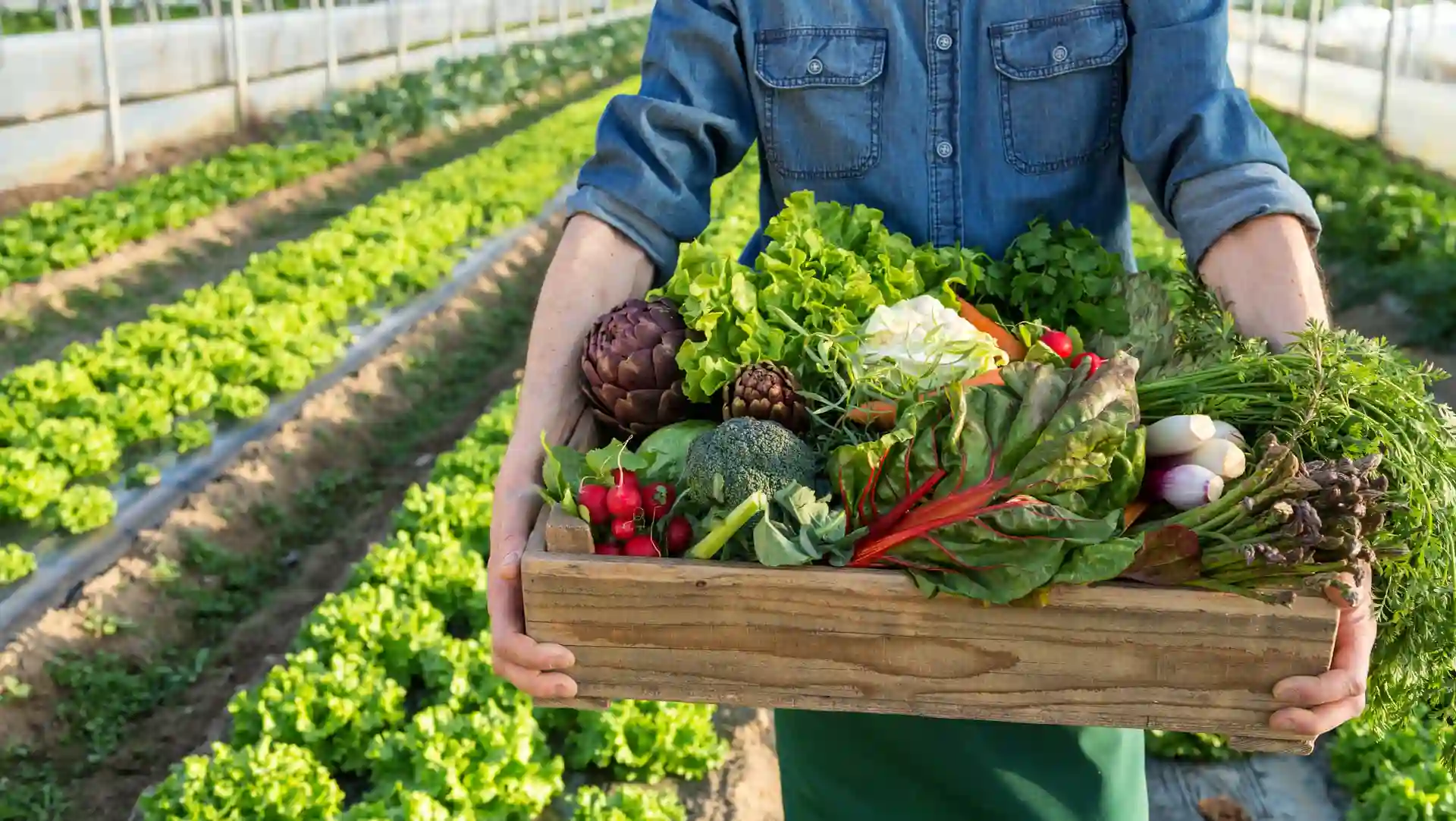 Découvrez pourquoi le système alimentaire algérien est le plus robuste d’Afrique Personne tenant un panier de légumes frais dans une serre.