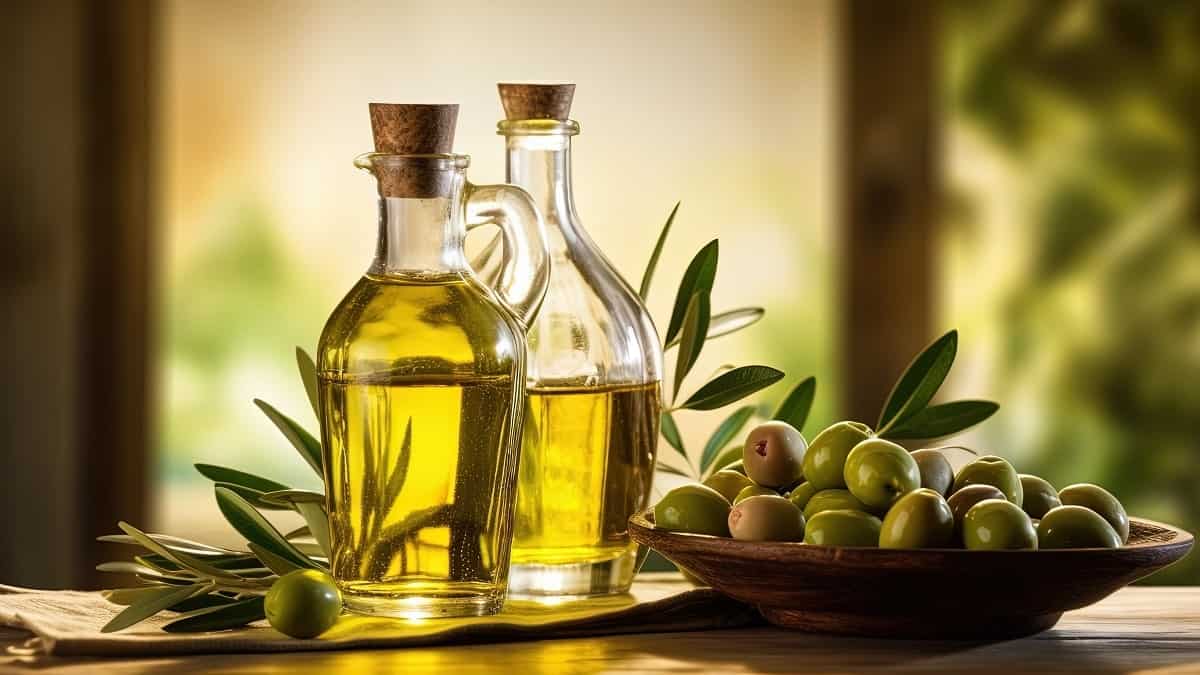 Bouteilles d'huile d'olive avec olives vertes fraîches.