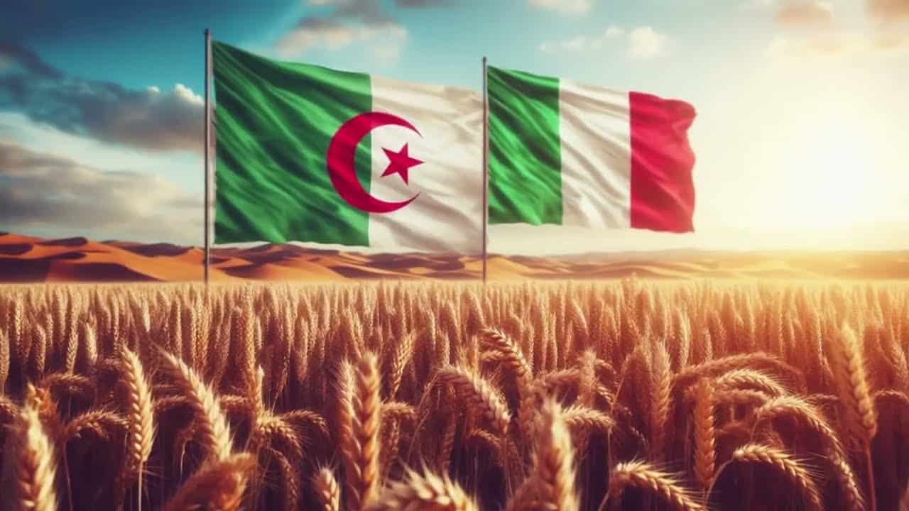 Algérie : l’audacieux projet agricole de Bonifiche Ferraresi Drapeaux d'Algérie et d'Italie dans un champ de blé au coucher du soleil.