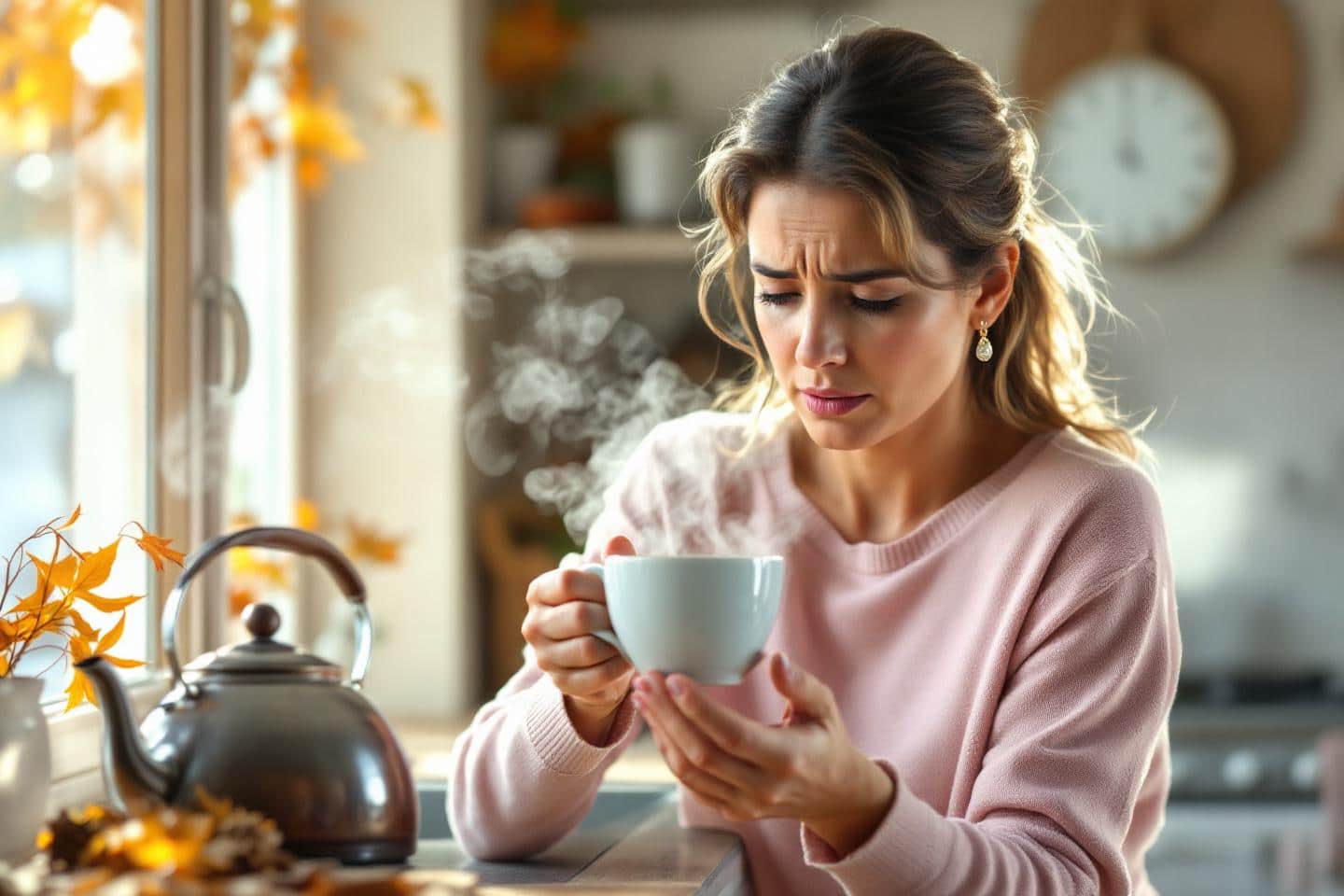 Votre Thé libère-t-il des toxines dans votre tasse ? Femme qui ressent une gêne en buvant du thé chaud.