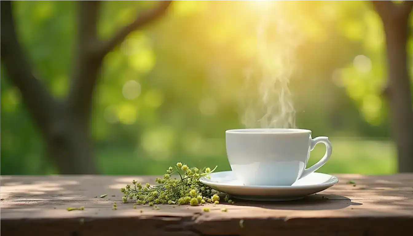 Votre Thé libère-t-il des toxines dans votre tasse ? Tasse de thé fumant dans un environnement naturel en plein air.