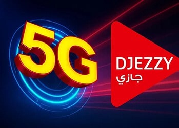 Logo 5G Djezzy avec symbole de vitesse et connectivité.
