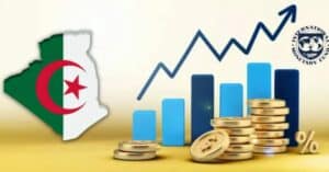 Croissance Algérienne : Le FMI Optimiste Malgré le Contexte Mondial Graphique de croissance économique avec pièces de monnaie et drapeau algérien.