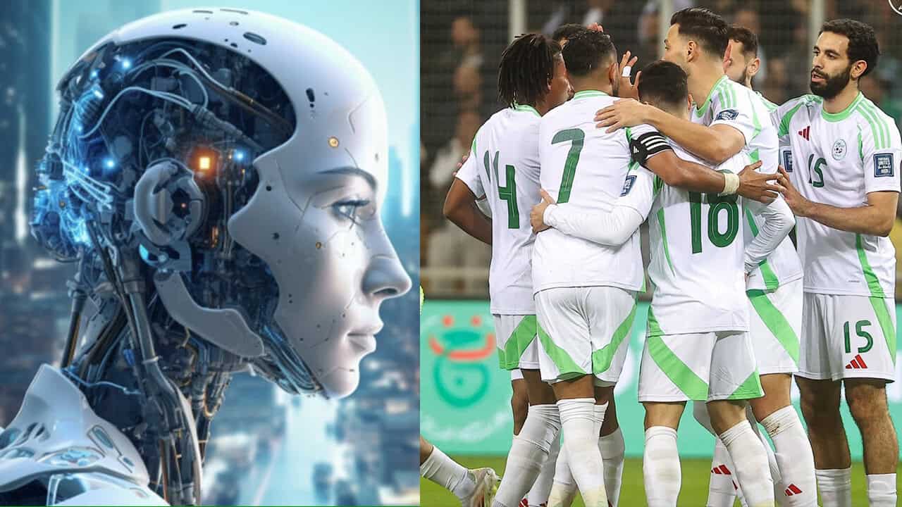 Robot humanoïde et joueurs de football algériens en action.