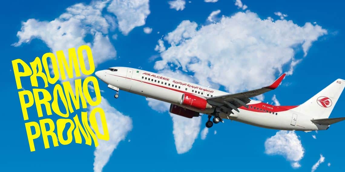 Profitez d’une réduction de 750 $ sur les vols Montréal-Alger ! Avion Air Algérie en vol avec promotion en arrière-plan.
