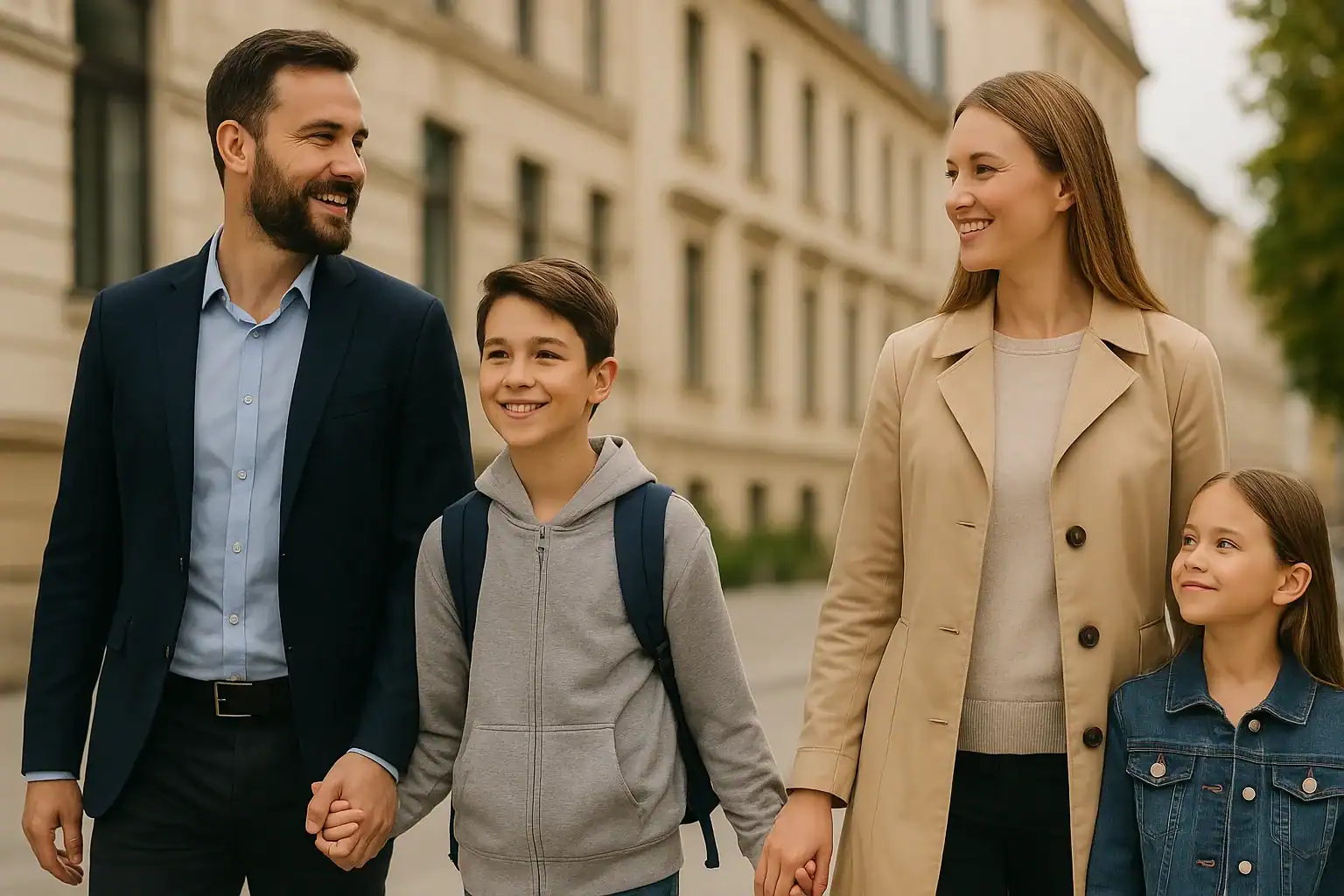 Regroupement familial : ce que les Algériens doivent savoir Famille heureuse marchant ensemble dans la rue.