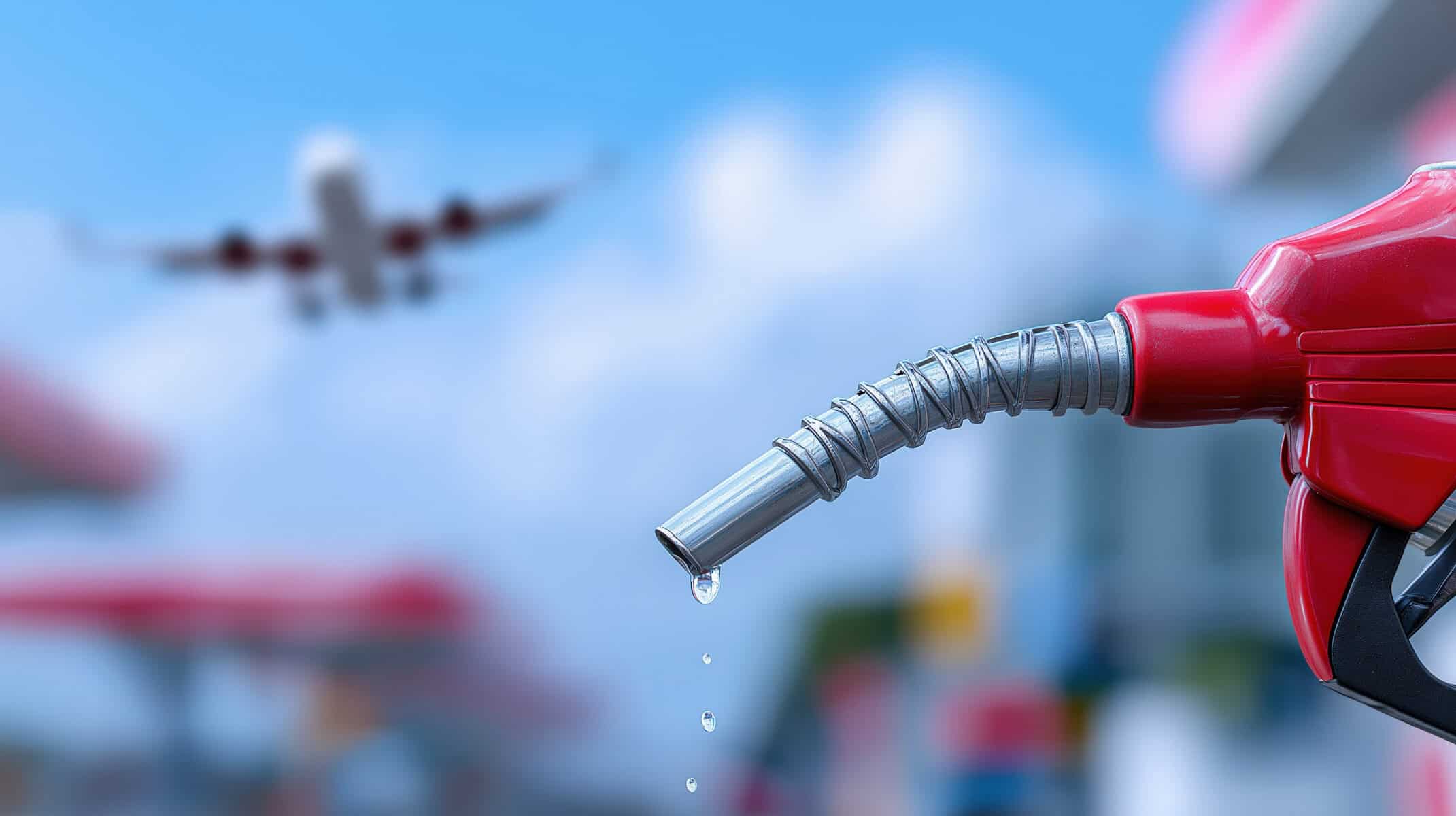 Pompe à essence avec avion en vol en arrière-plan.