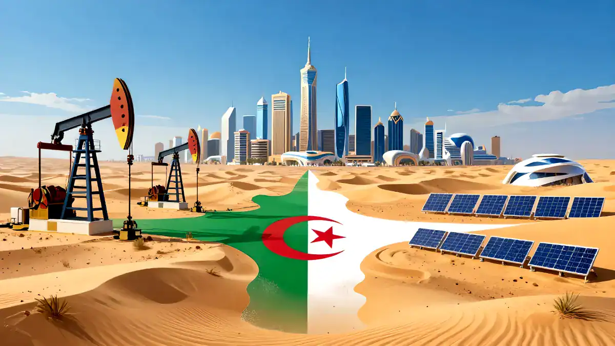 Paysage désertique avec symboles d'Algérie et énergie solaire.