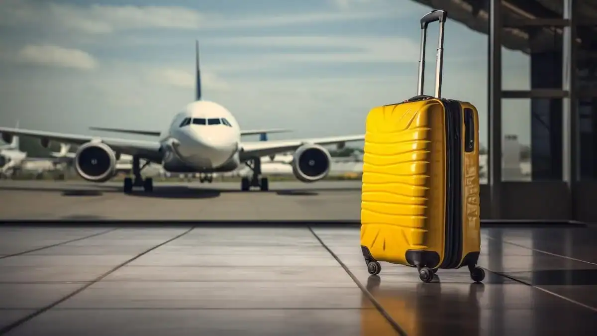 Bagage cabine à l'aéroport Valise jaune à l'aéroport prête pour le voyage.