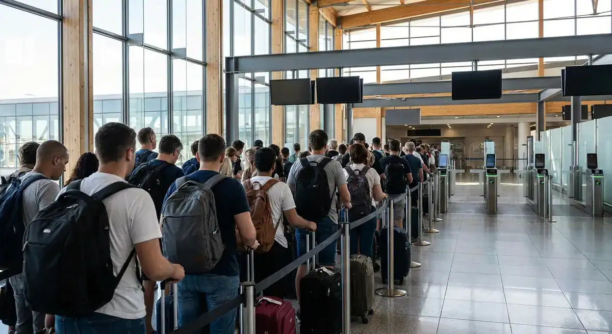 Passagers en file d'attente à l'aéroport pour l'enregistrement des vols low cost.