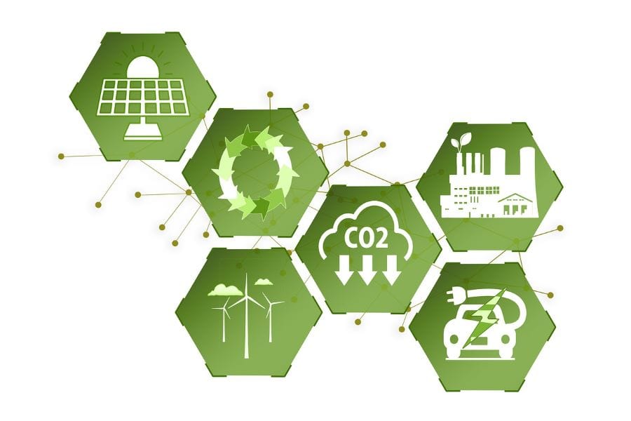 L’export algérien en péril face à la taxe carbone européenne ? Icônes vertes représentant énergie solaire, éolienne et réduction du CO2.