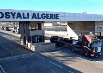 Porte d'entrée de l'usine Tosyali en Algérie avec camions de livraison.