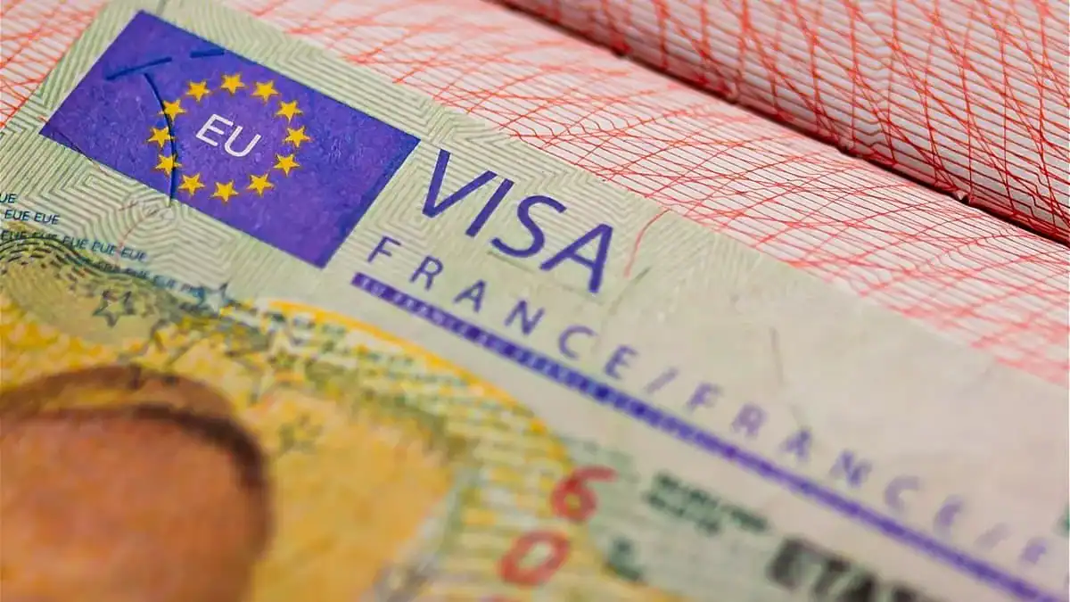 Visa France sur passeport algérien Visa France sur passeport algérien avec drapeau européen et français.
