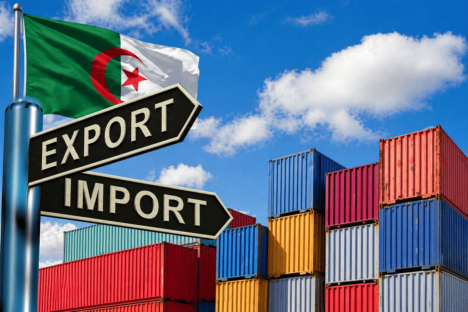 Algérie : voici pourquoi Paris voit ses ventes chuter Conteneurs de marchandises avec drapeau algérien et panneaux d'exportation/importation.