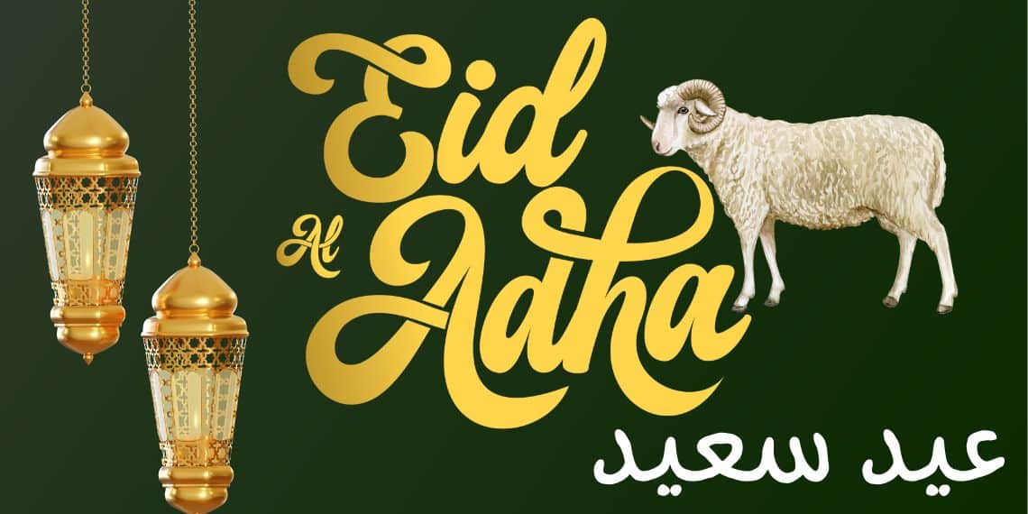 Algérie : voici la date retenue pour l’Aïd el-Adha 2026 Image festive de l'Aïd al-Adha avec mouton et lanternes traditionnelles.