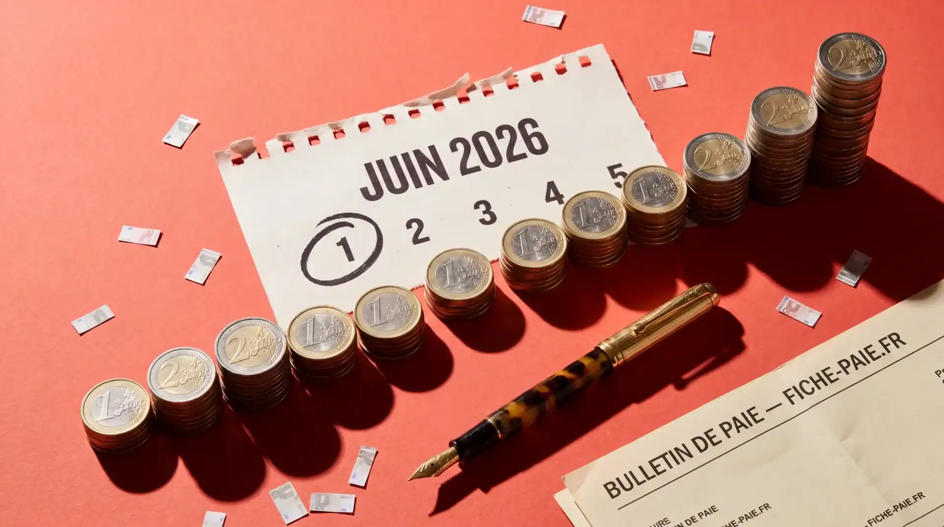 France : hausse du Smic confirmée dès juin 2026 Pièces de monnaie empilées avec calendrier juin 2026 et fiche de paie.